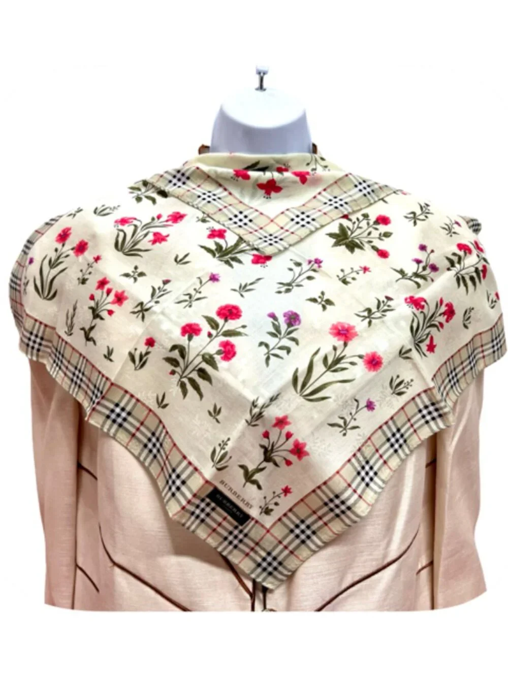 New   Burberry Neck-handker /Mini Scarf 19.5" Cotton Olive Gray Floral Check(77 - Picture 3 of 13